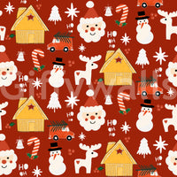 A cheerful Christmas wallpaper combining vintage-style huts, festive icons, and classic red holiday color.