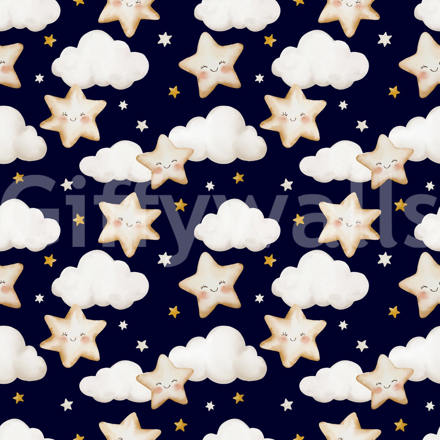 Starry sky wallpaper featuring small twinkling accents and fluffy clouds arranged in a sweet pattern.