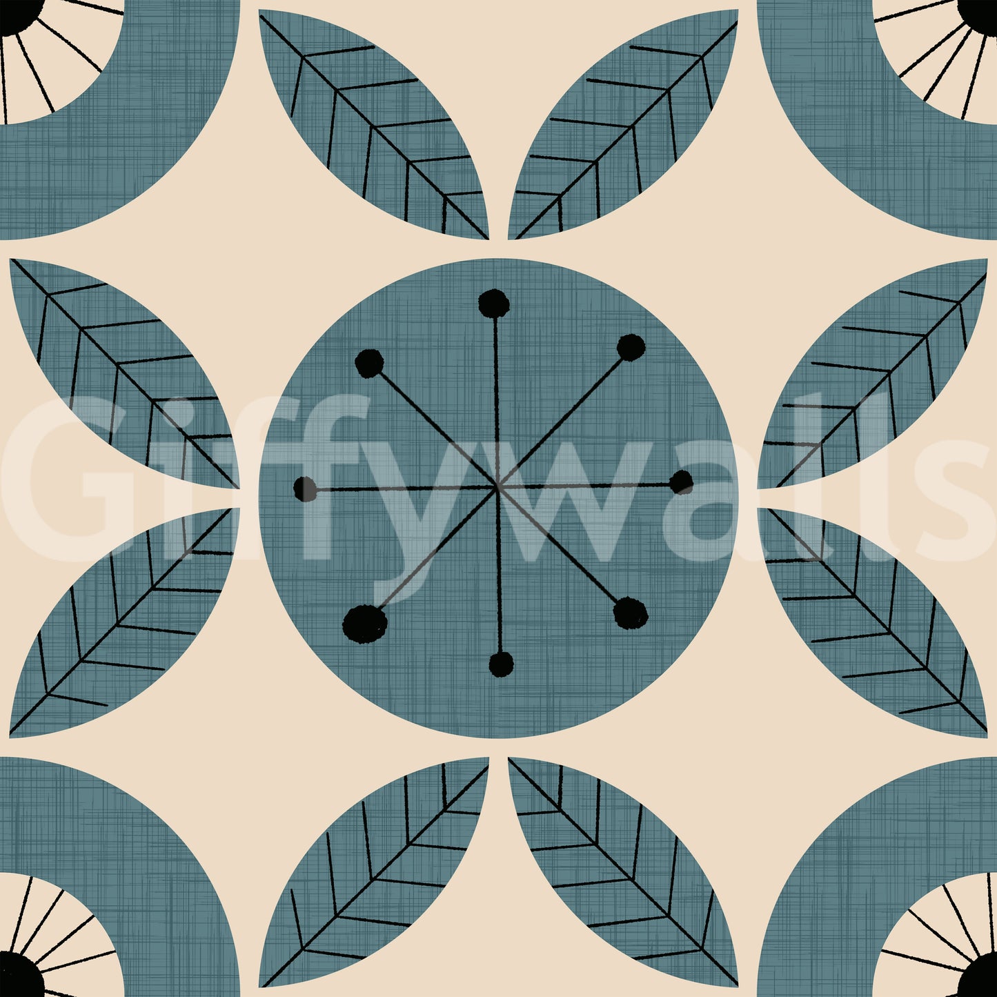 A teal retro wallpaper with rotating circular designs and repeating leaf geometry.
