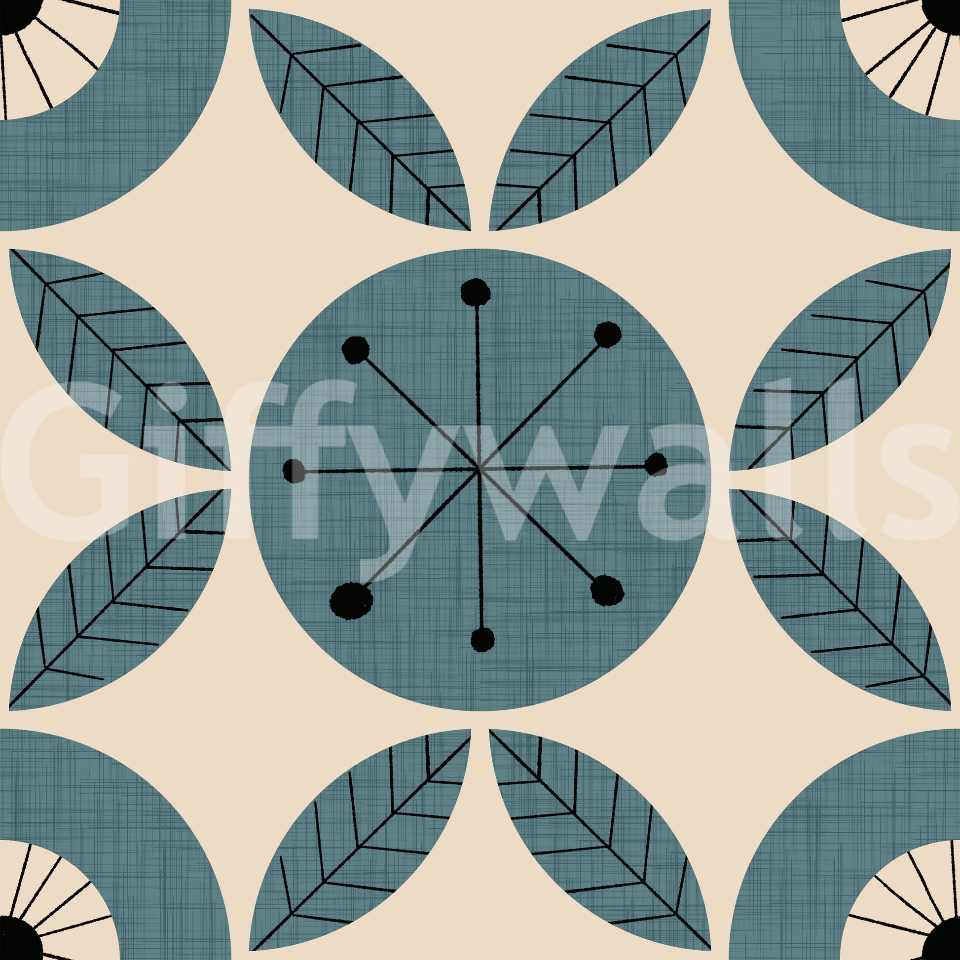 A teal retro wallpaper with rotating circular designs and repeating leaf geometry.