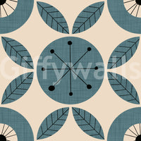 A teal retro wallpaper with rotating circular designs and repeating leaf geometry.