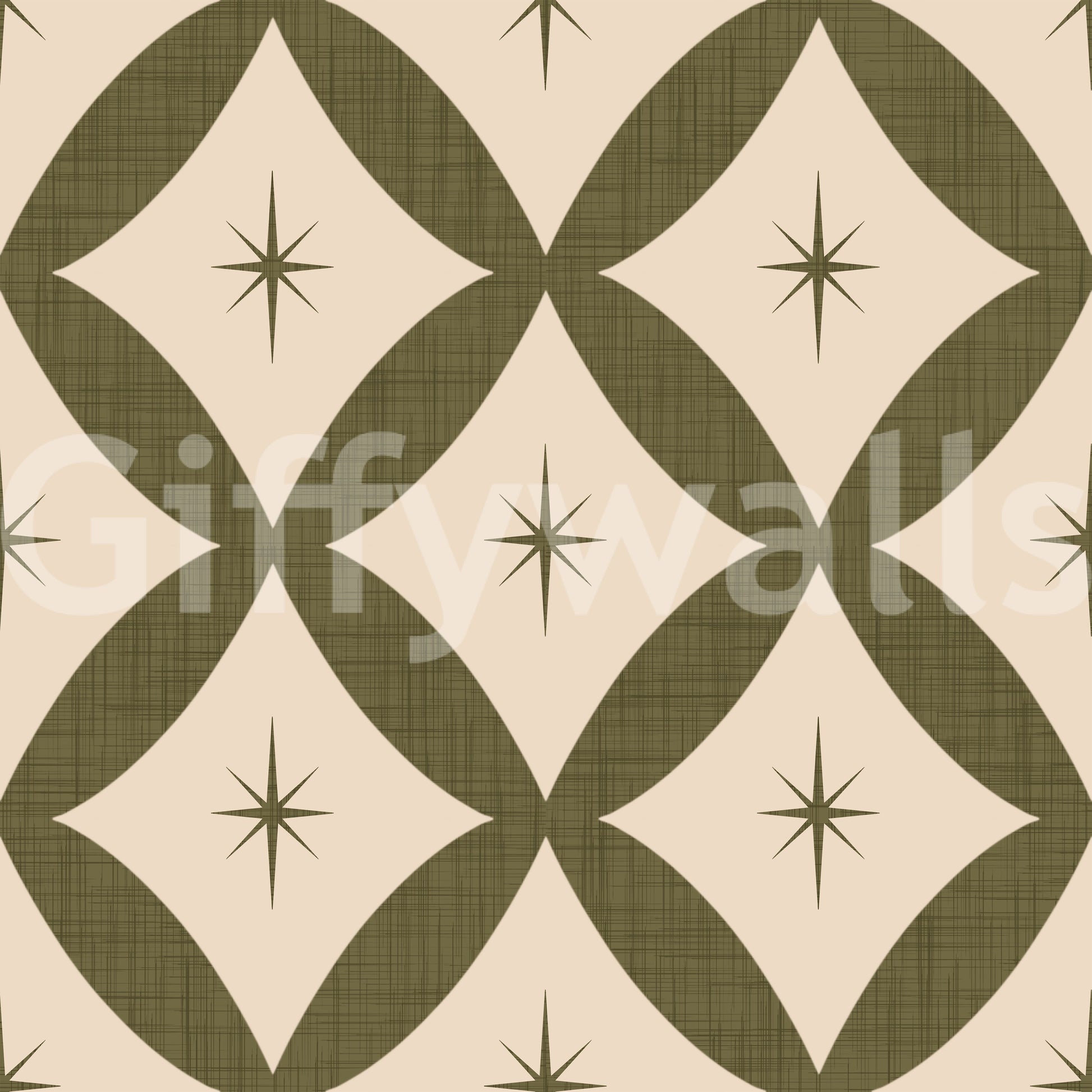 Chic mid-century wallpaper combining diamond patterns with small decorative stars.