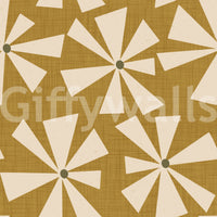 Soft geometric wallpaper with retro pinwheel-style flowers in warm earthy hues.