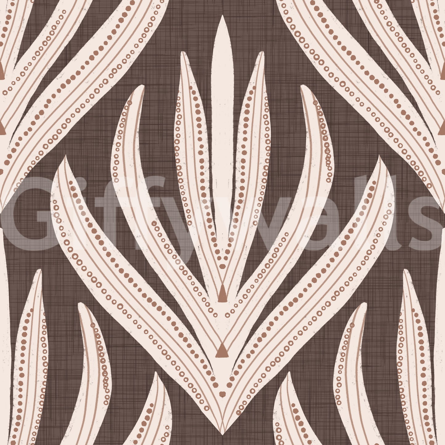 Decorative wallpaper featuring cream and terracotta leaf illustrations on a natural brown background.