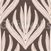 Decorative wallpaper featuring cream and terracotta leaf illustrations on a natural brown background.