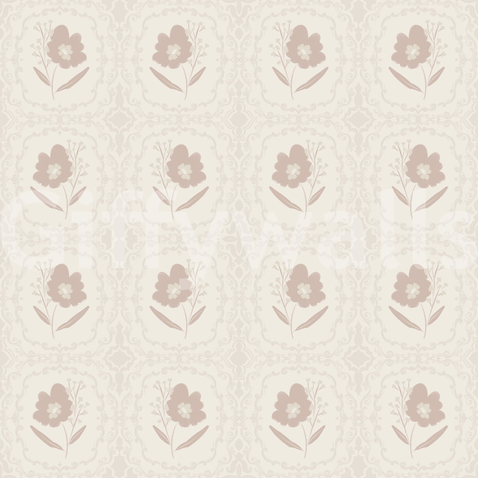 A warm, understated wallpaper featuring tiny floral emblems in a repeated grid.