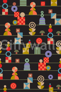 Charcoal wallpaper patterned with bright stacked geometric symbols for a fun mid-century feel.