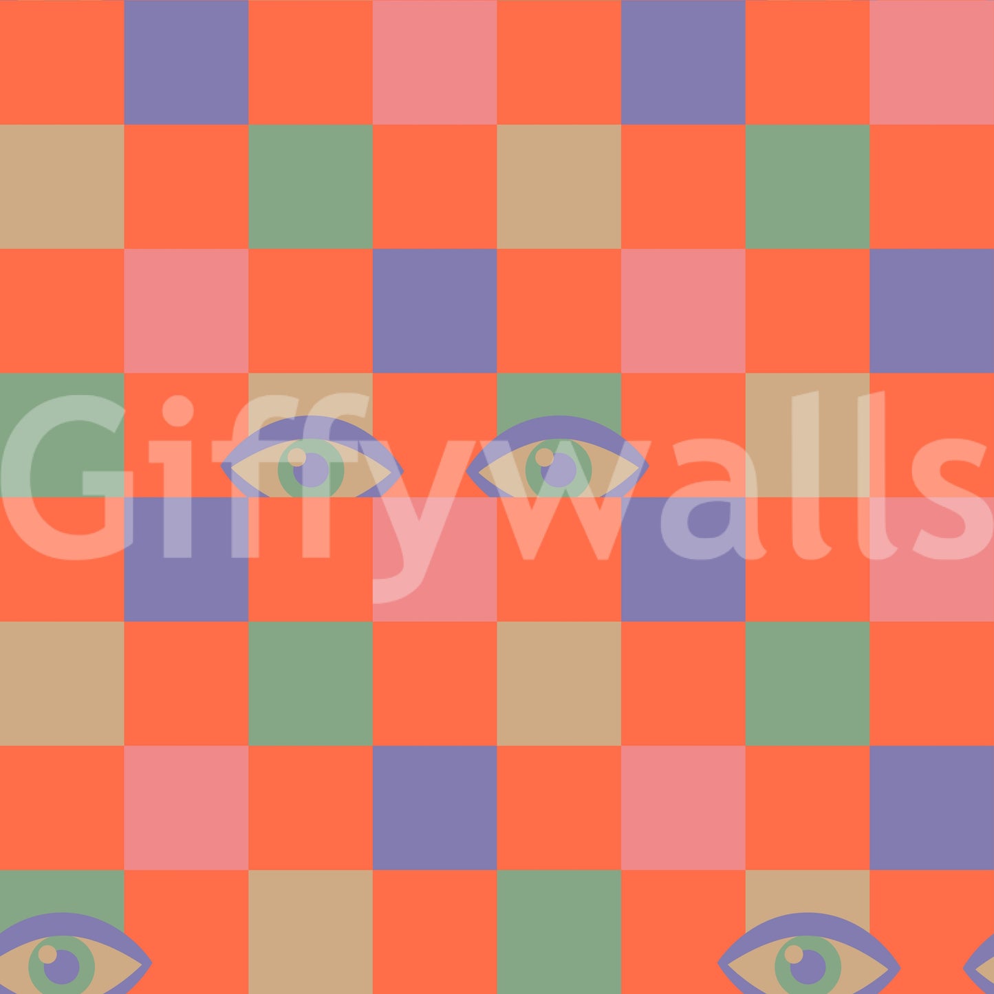 A bold pink and coral checkerboard wallpaper enriched with mint, purple, and cream squares and retro eyes.