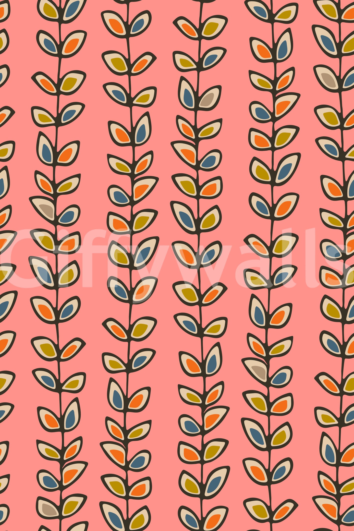 A nostalgic retro wallpaper featuring upward-climbing vines with multicolored leaves on a pink base.