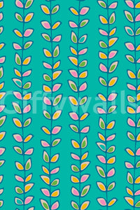 A lively retro leaves wallpaper with upward-growing vines standing out against a bold turquoise base.