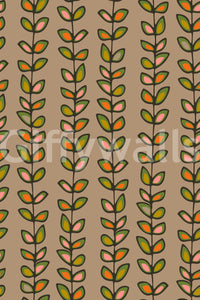 Warm beige wallpaper decorated with playful retro leaves arranged in tidy upward vine patterns.