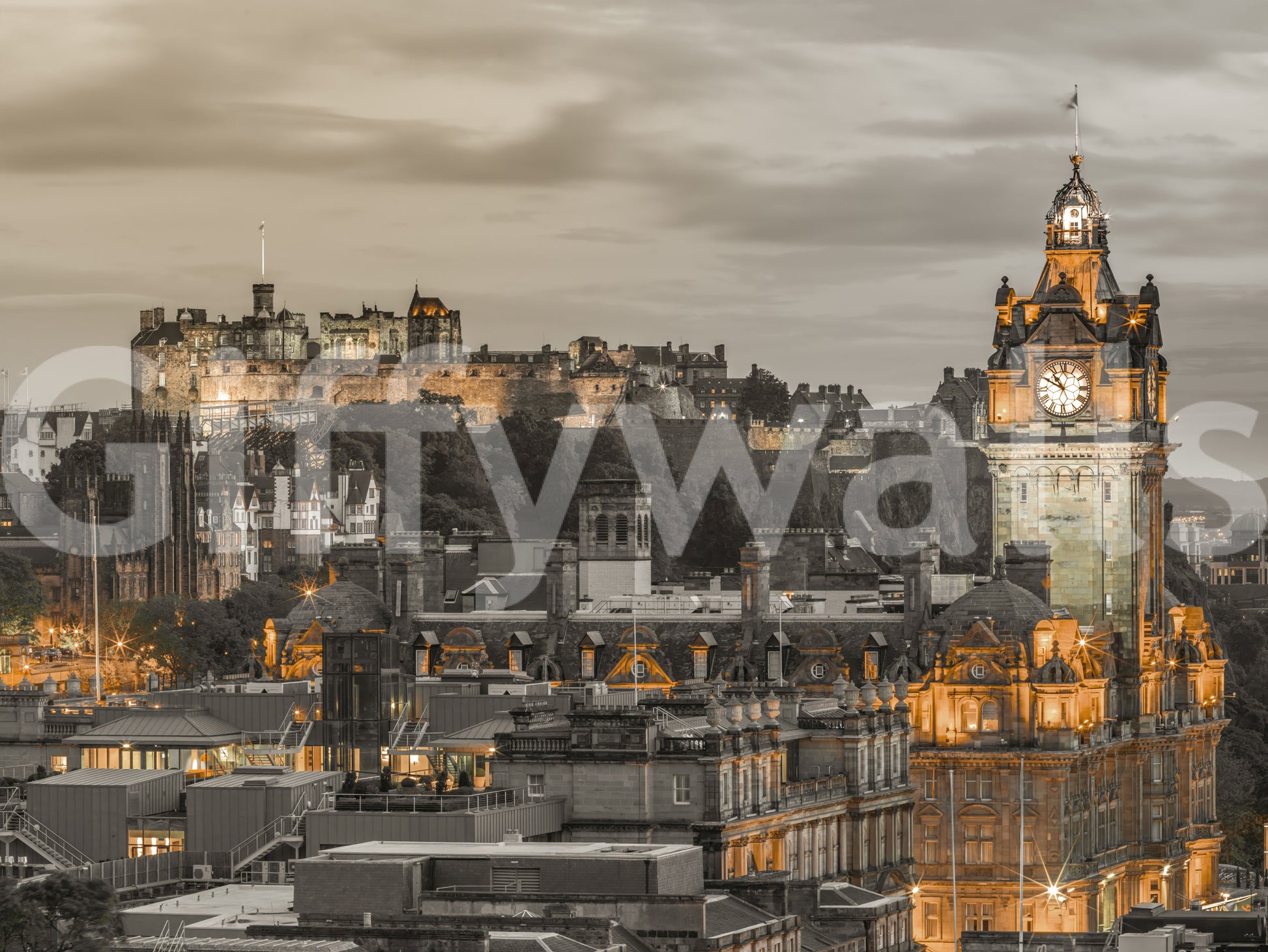 Monochrome Edinburgh Twilight with color pop, beautiful urban wallpaper.