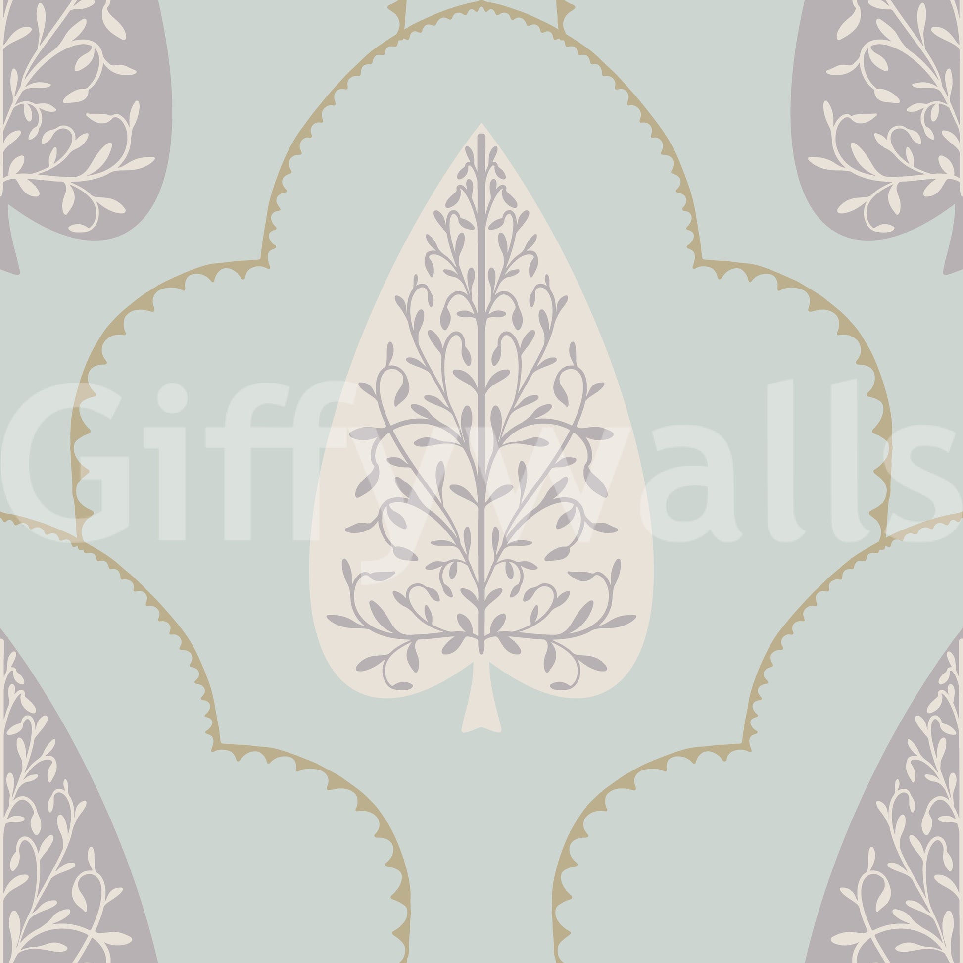Harmonious Tranquil Trellis mural gentle lilac on duck egg blue.