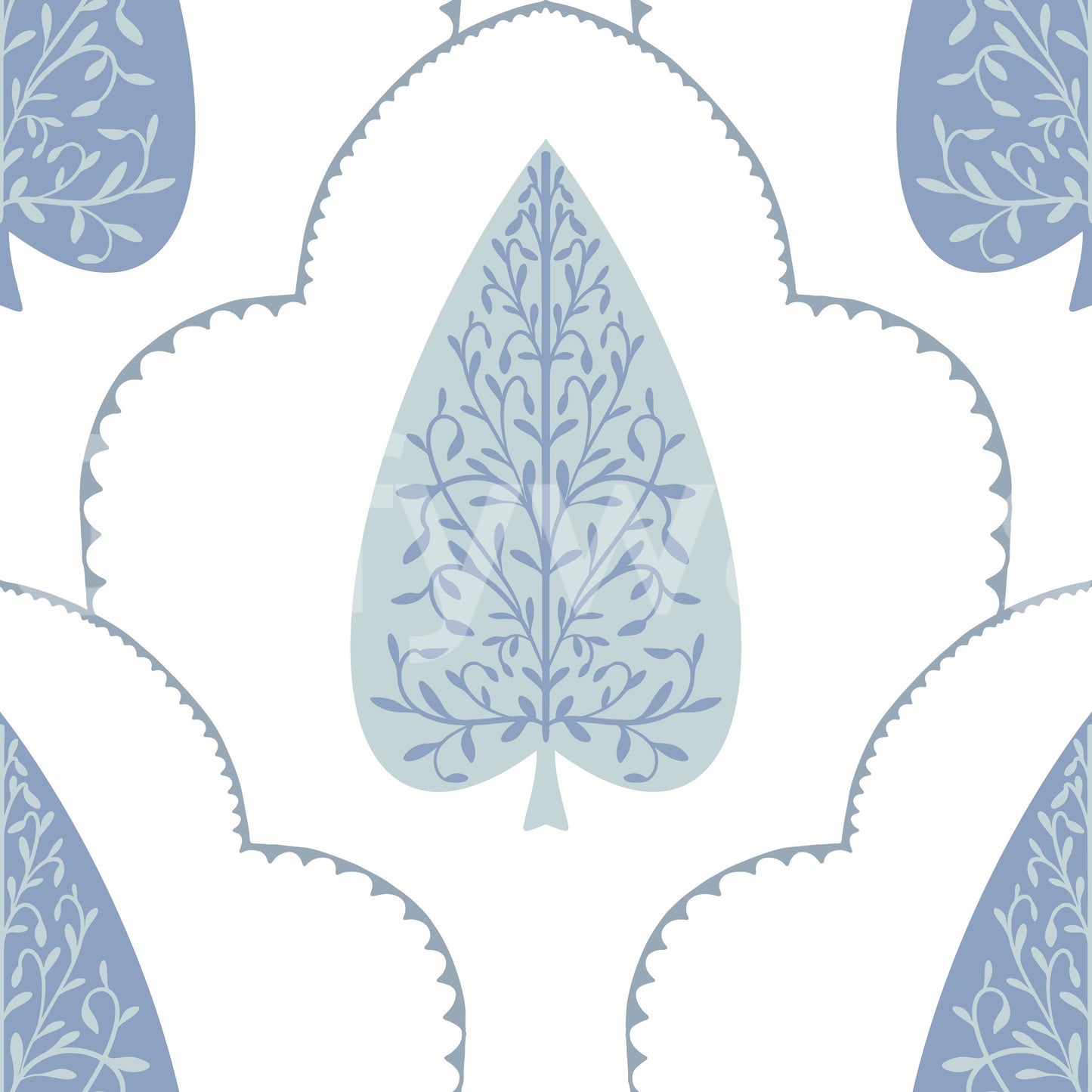 Scalloped Blue Botanic Arbor mural, repeating geometric frame.