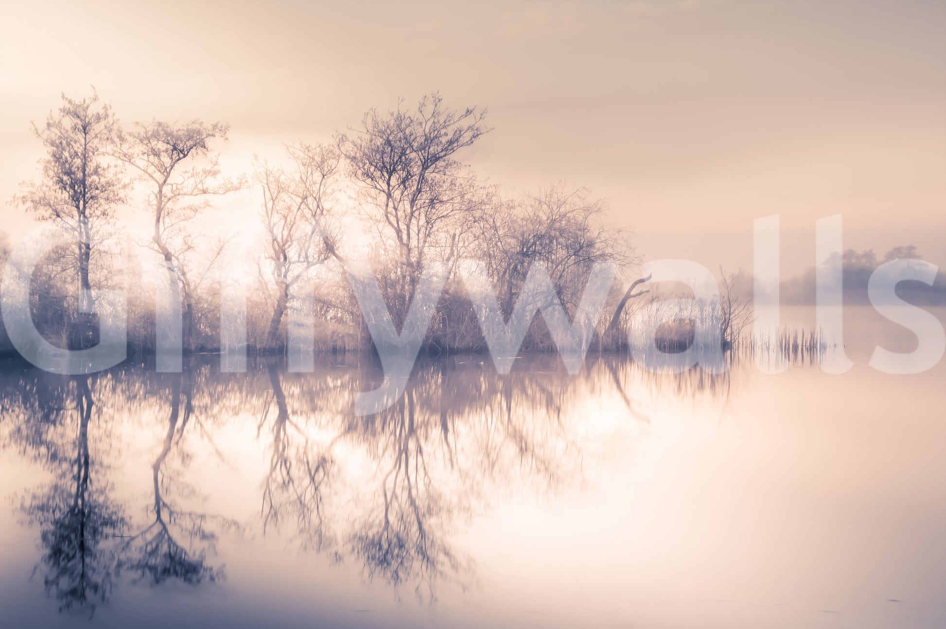 Serene Reflections mural art, tranquil scenery reflected on liquid.