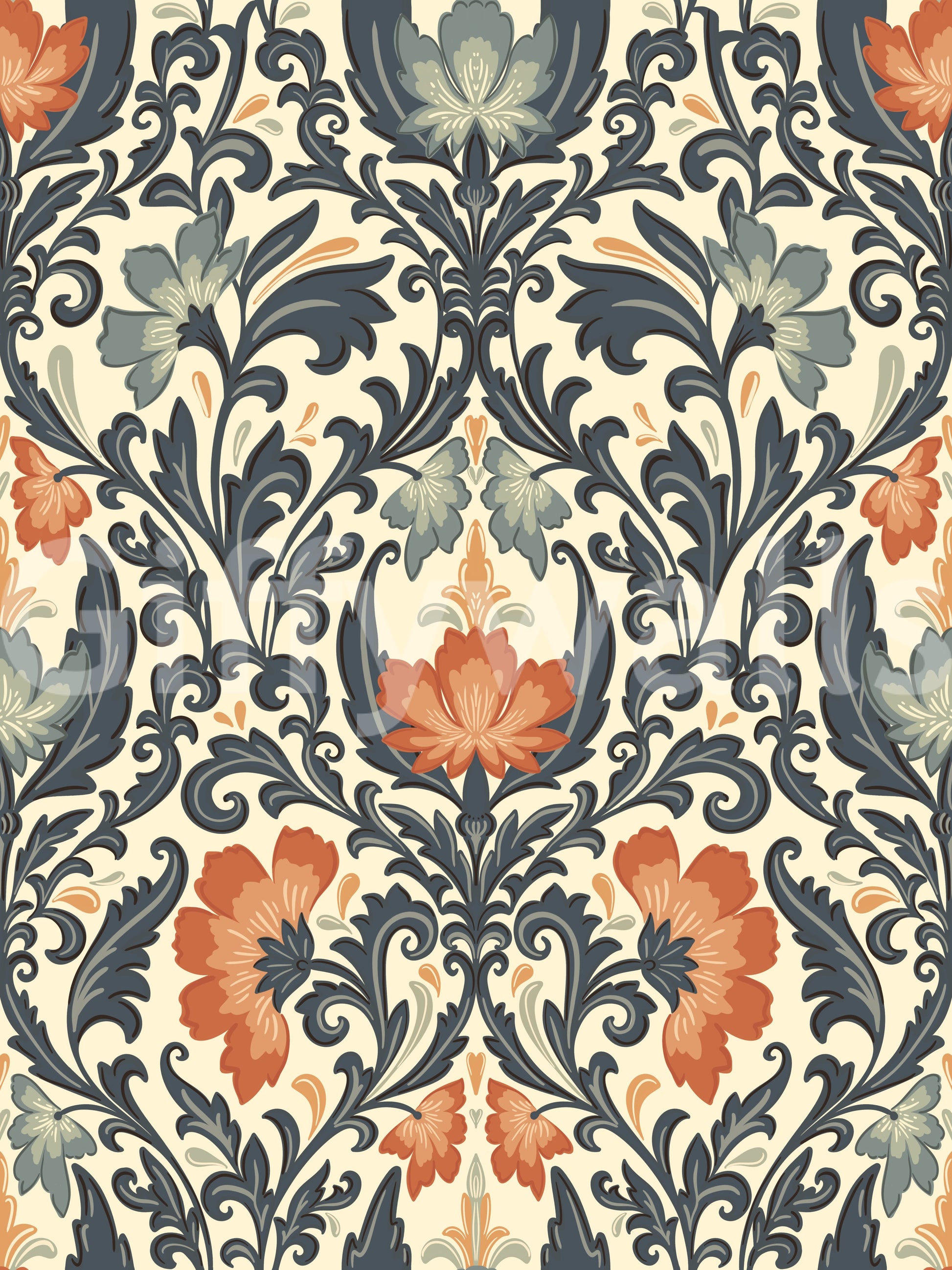 Custom wall covering, Timeless Floral Opulence product, dramatic color palette.