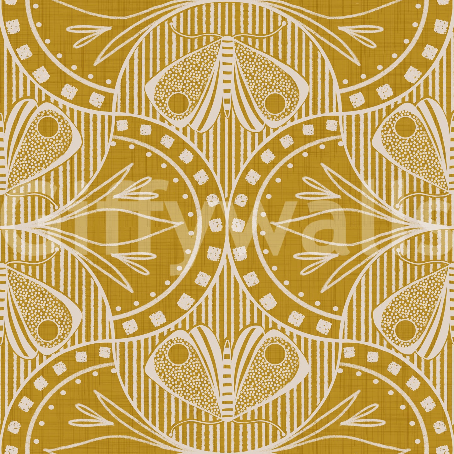 Classic period wallpaper for walls, gentle curving shapes, elaborate yellow tone.