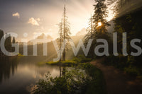 Artistic delicate golden mist on Lakeside Radiance wallpaper.