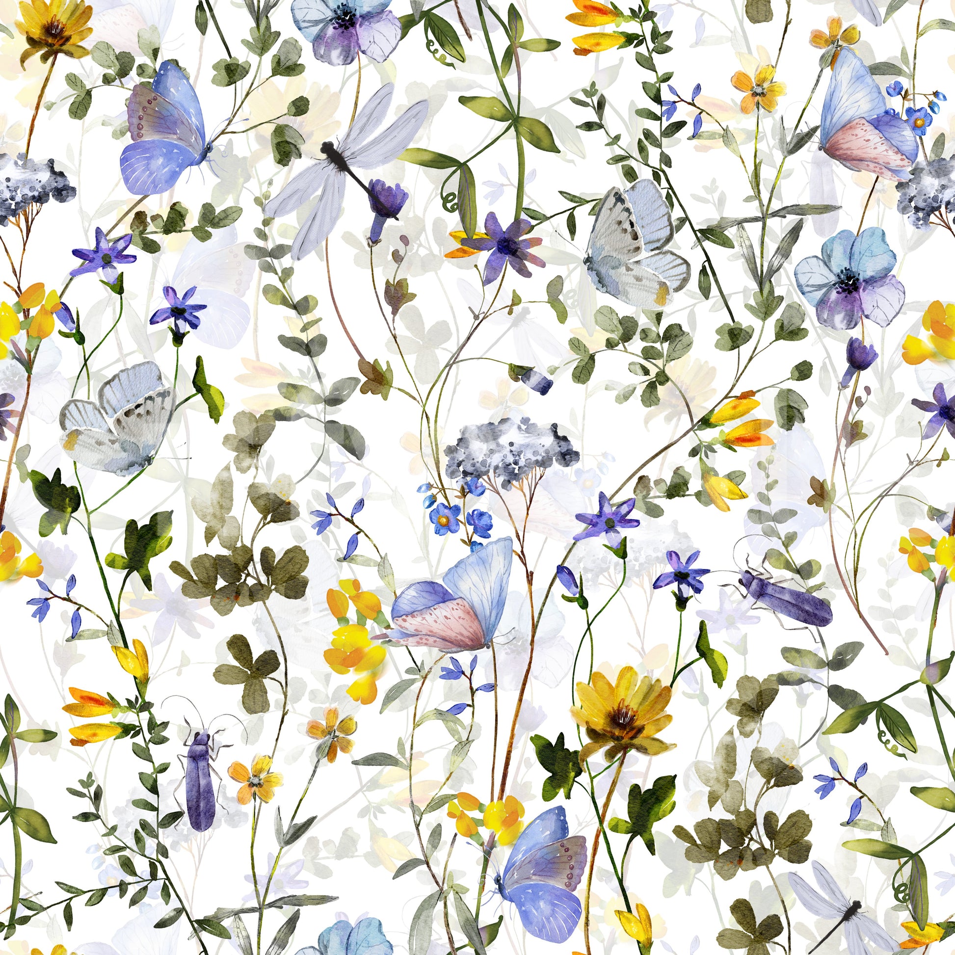 Meadow Butterfly Whispers Garden, serene wildflower botanical illustration.