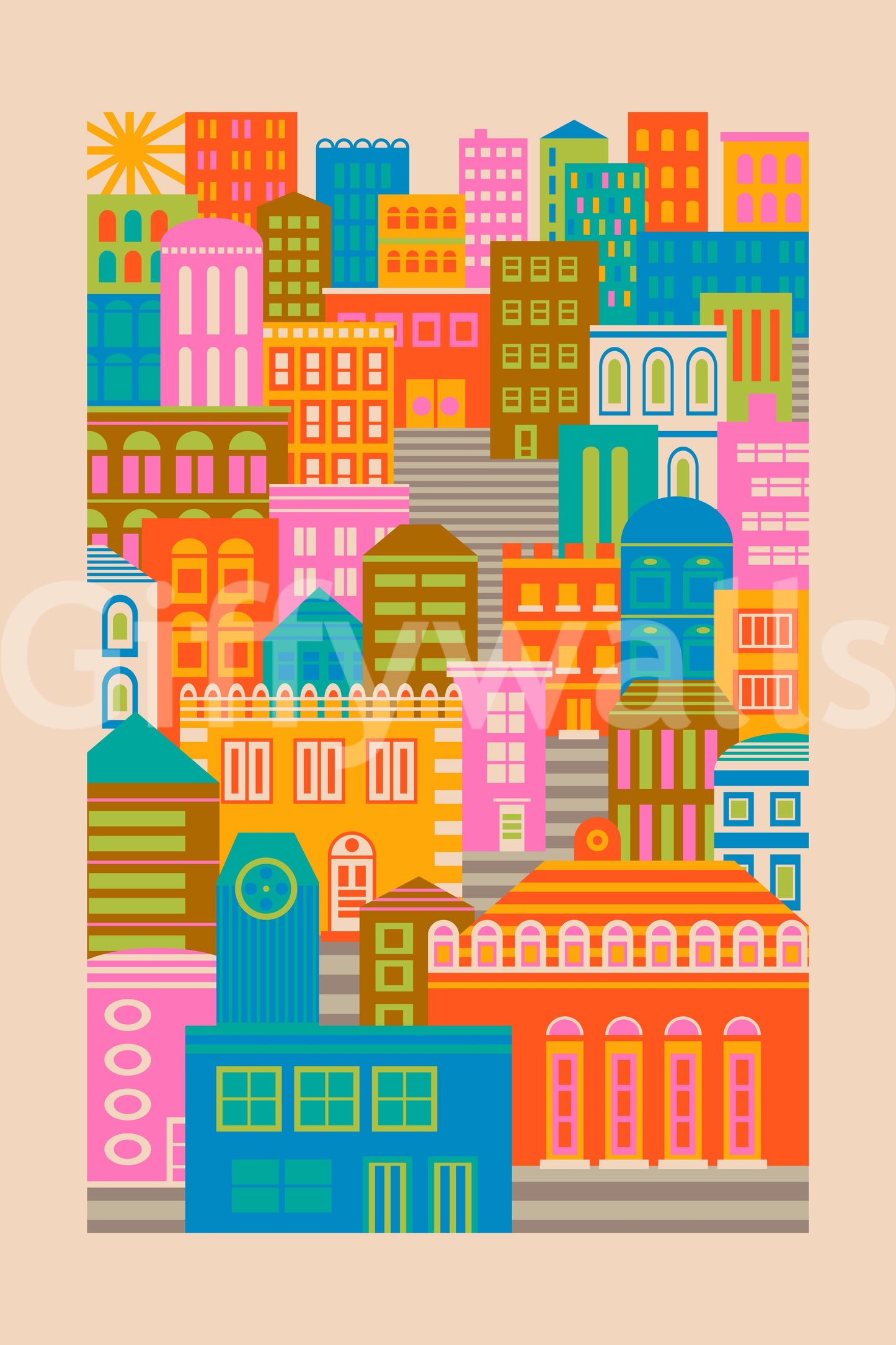 City Lights By Day Vintage Travel Bright Geometric Buildings Sunshine Rainbow Brights  Wall Mural