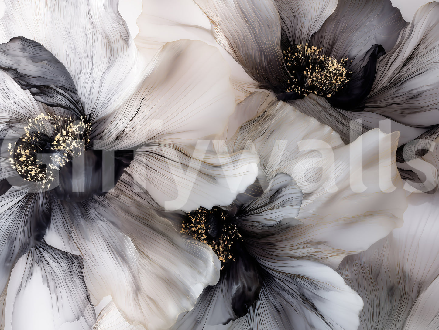 Monochrome Petal Ink Flow Harmony Wall Mural