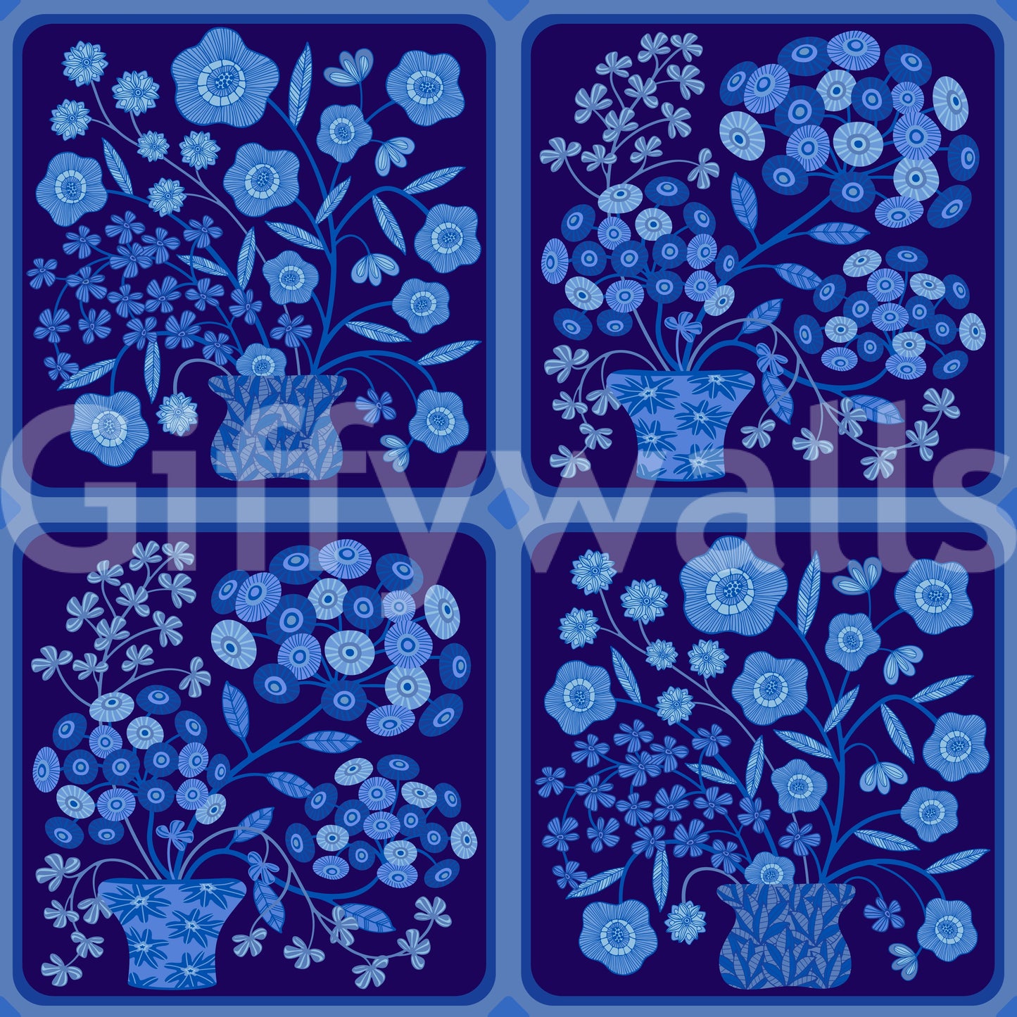 Flower Bouquet Tiles Floral Dark Delft Blue Wallpaper⁠