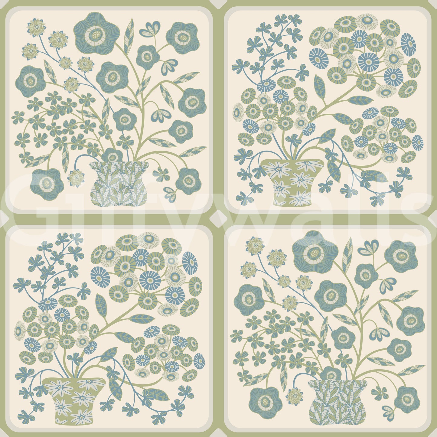 Flower Bouquet Tiles Floral Sage Green Blue Wallpaper⁠