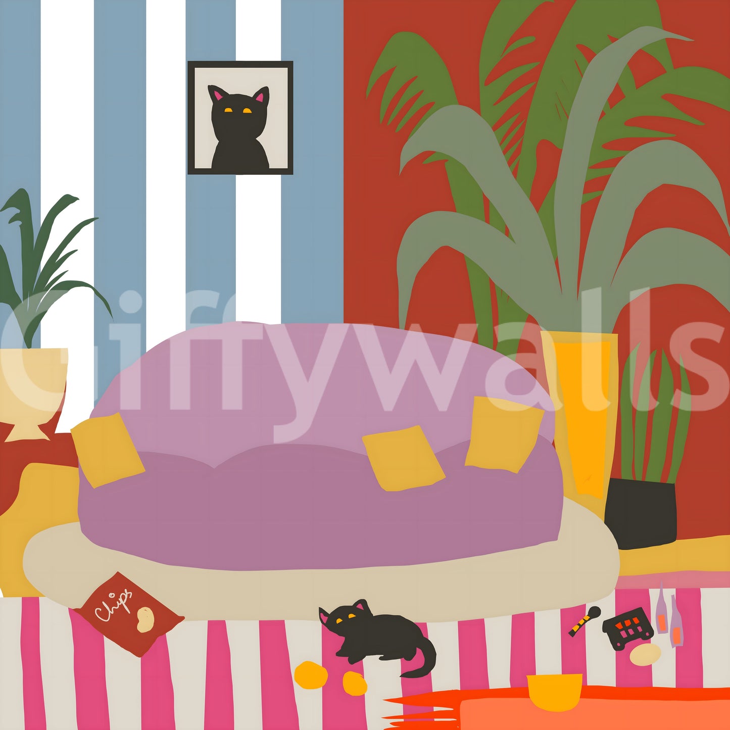 Cozy Cat Life Living Room Striped  Wall Mural