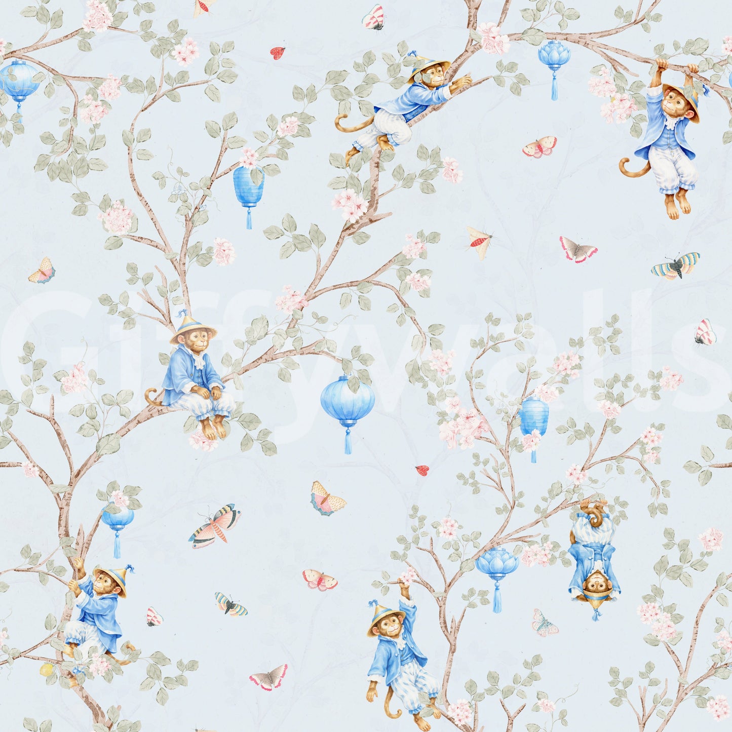 Vintage Rococo Chinoiserie Asian Lanterns with Monkeys and Sakura Flowers blue Wallpaper⁠