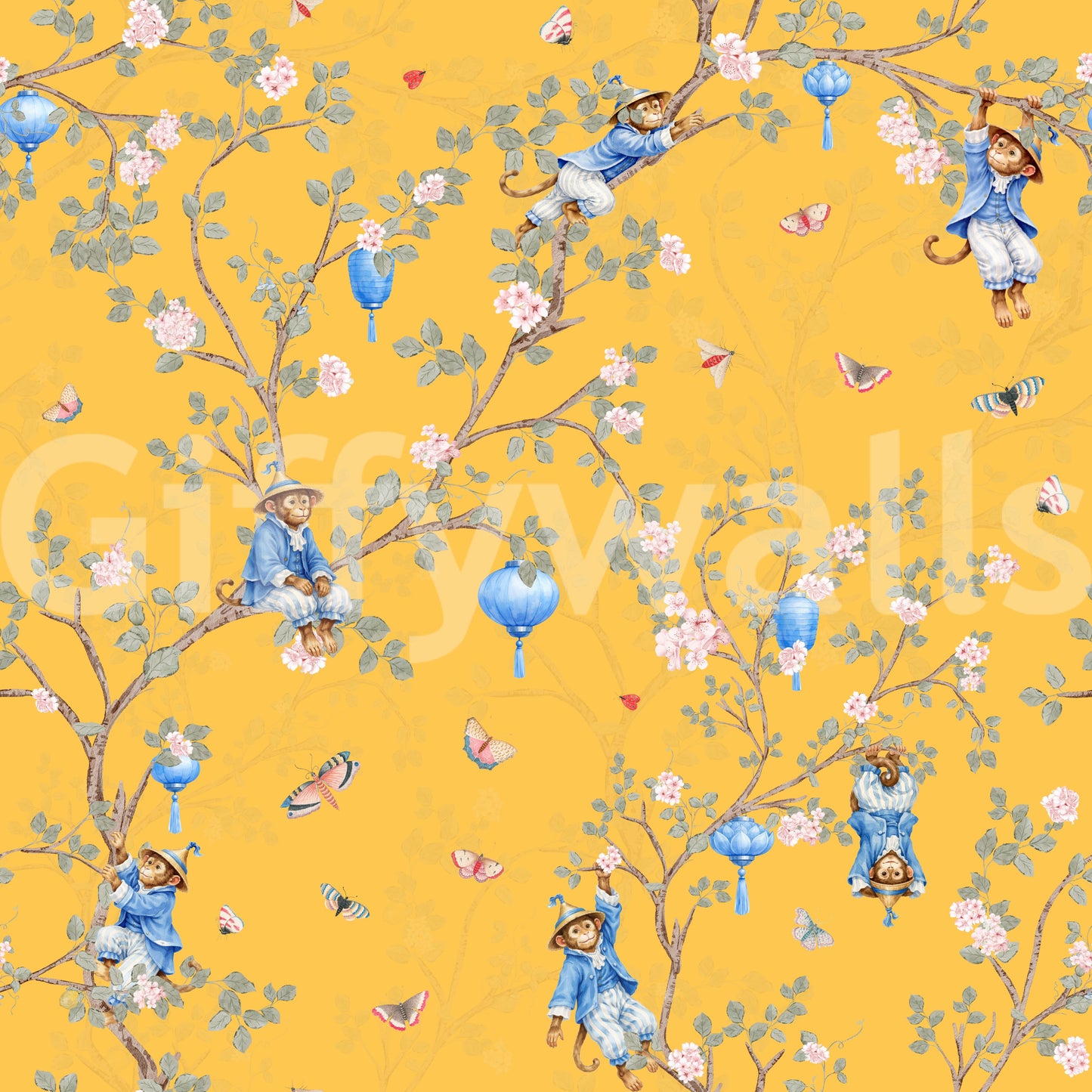 Vintage Rococo Chinoiserie Asian Lanterns with Monkeys and Sakura Flowers yellow Wallpaper⁠