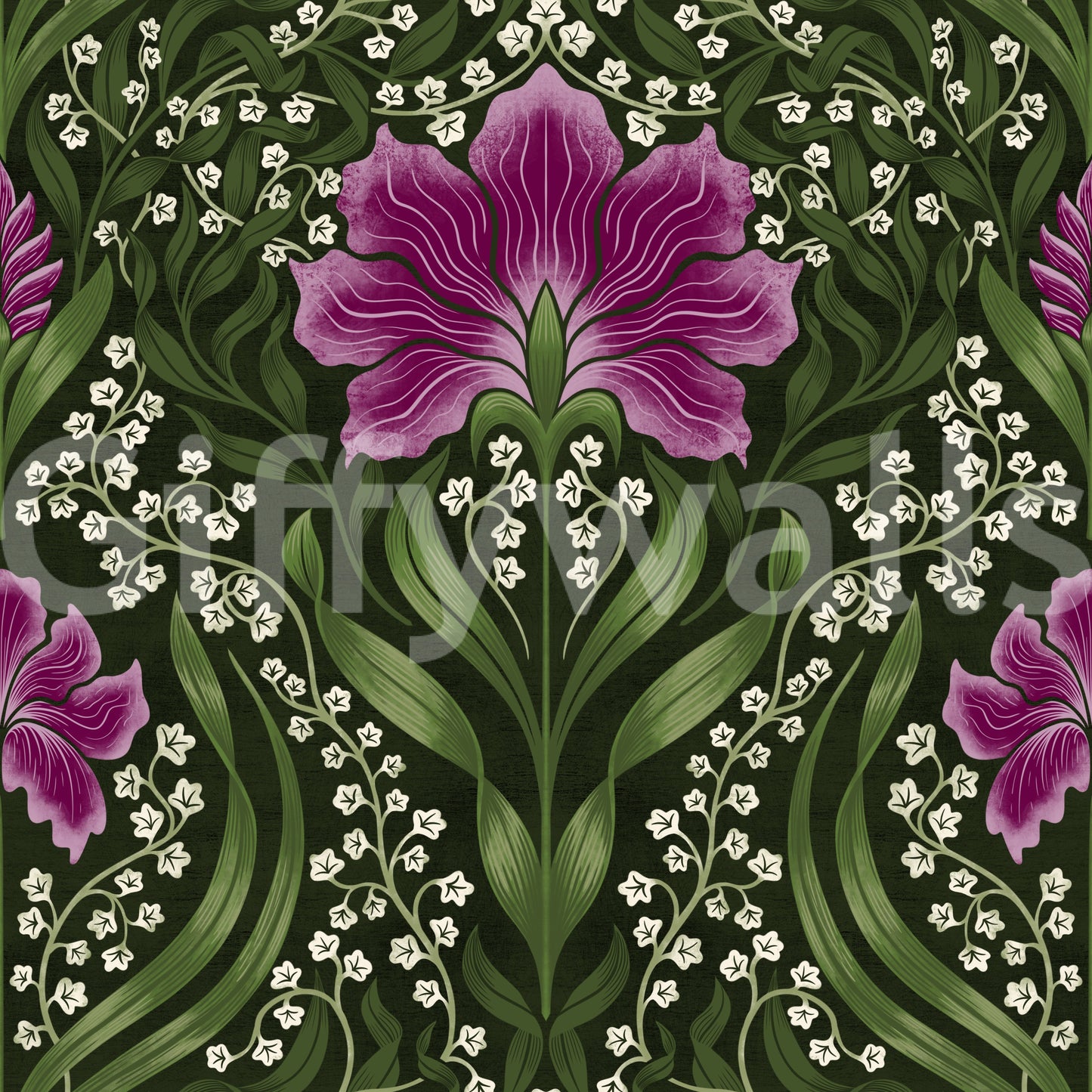 Intricate floral damask -  purple Wallpaper⁠