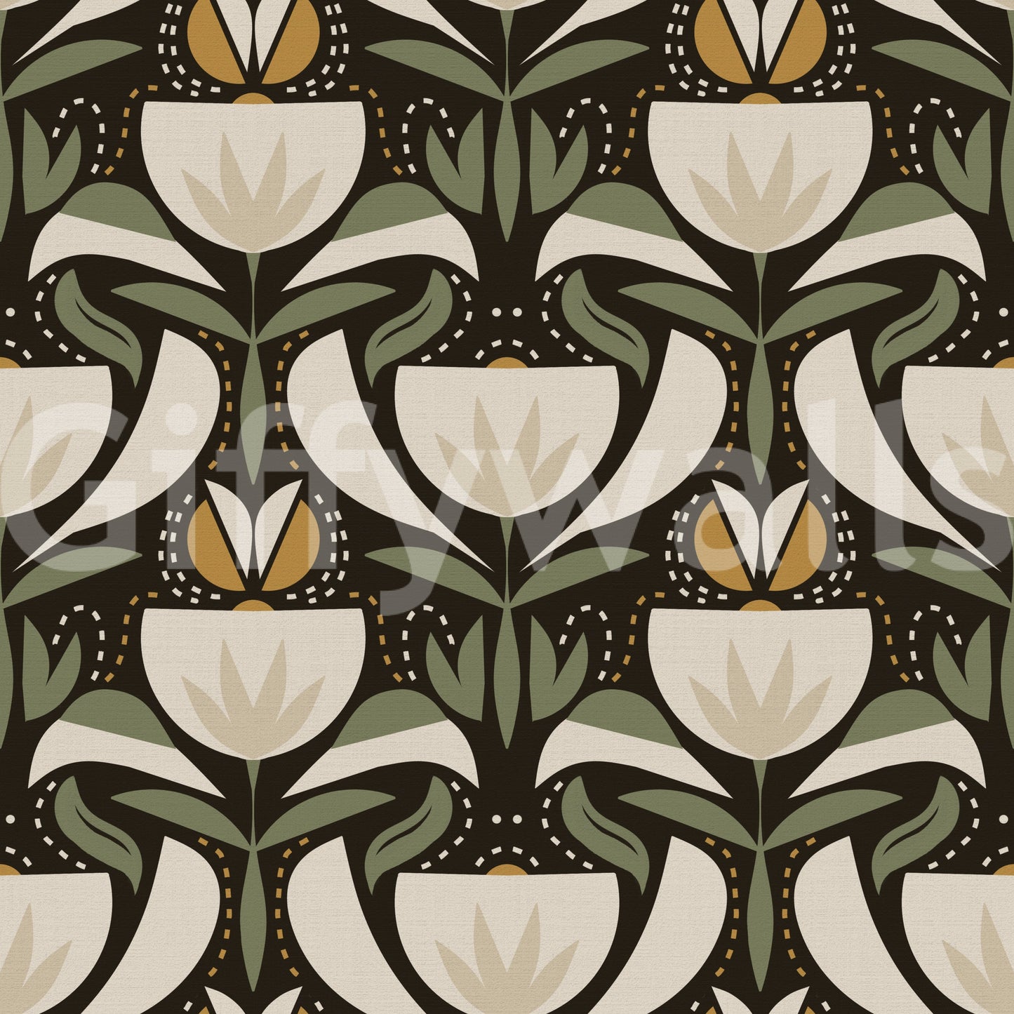 Scandinavian Folk Art Floral Garden – Earthy Botanical Pattern with Sage Green Leaves, Cream Flowers and Mustard Gold Accents – Symmetrical Vintage Nature Design  Wallpaper⁠