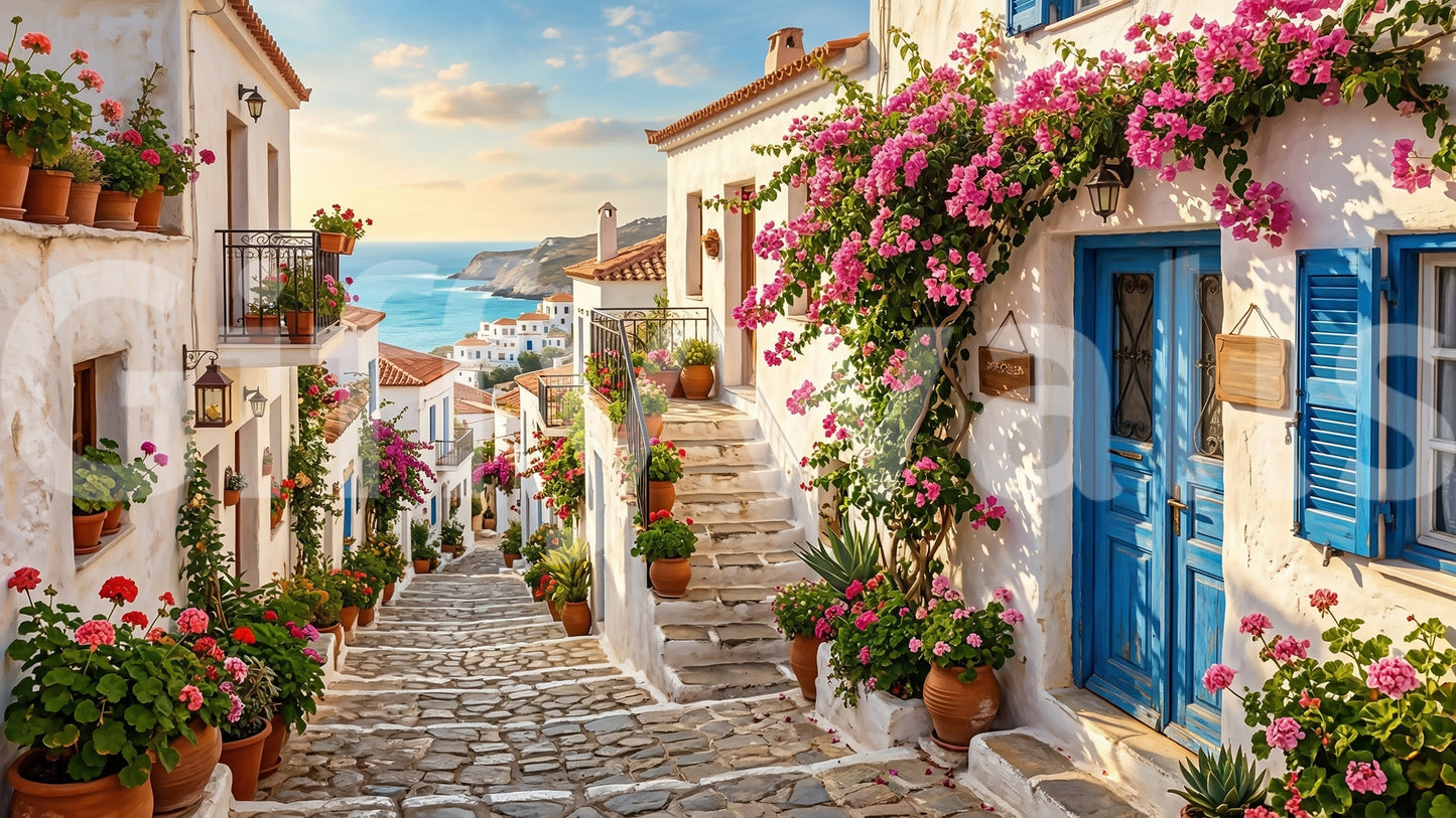 Bougainvillea Steps to the Aegean wall mural with pink flowers and blue doors
