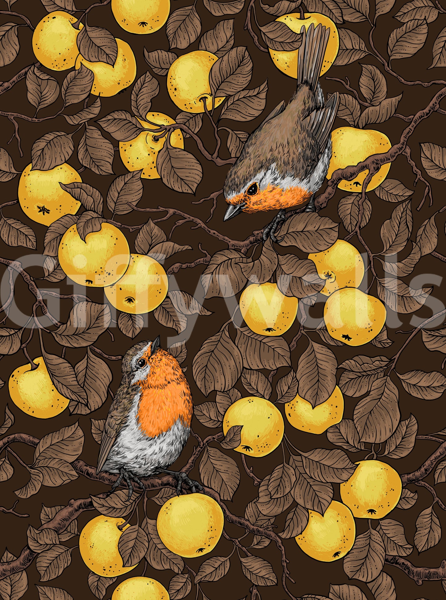 Robins in the apple tree/yellow and dark brown Wallpaper⁠