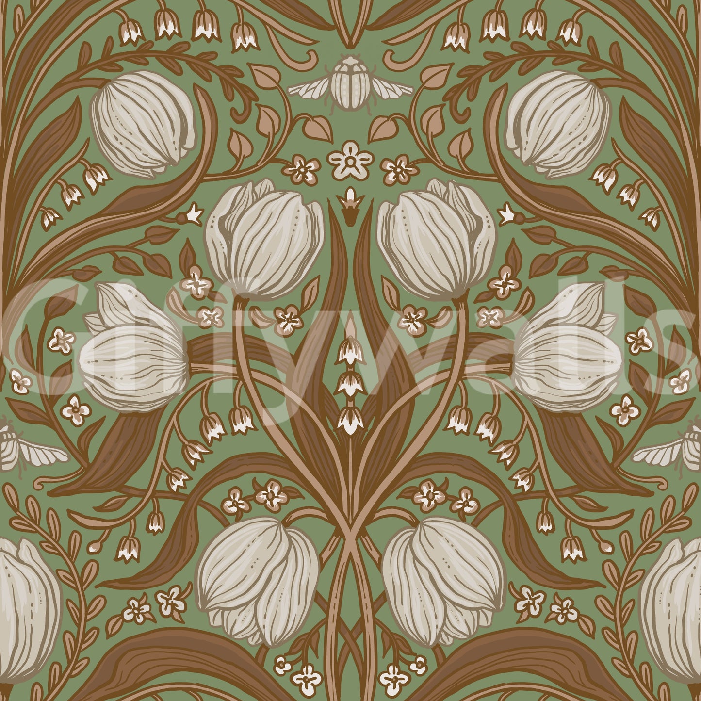 Retro Nouveau Tulips in Sage and Brown Wallpaper with vintage floral pattern