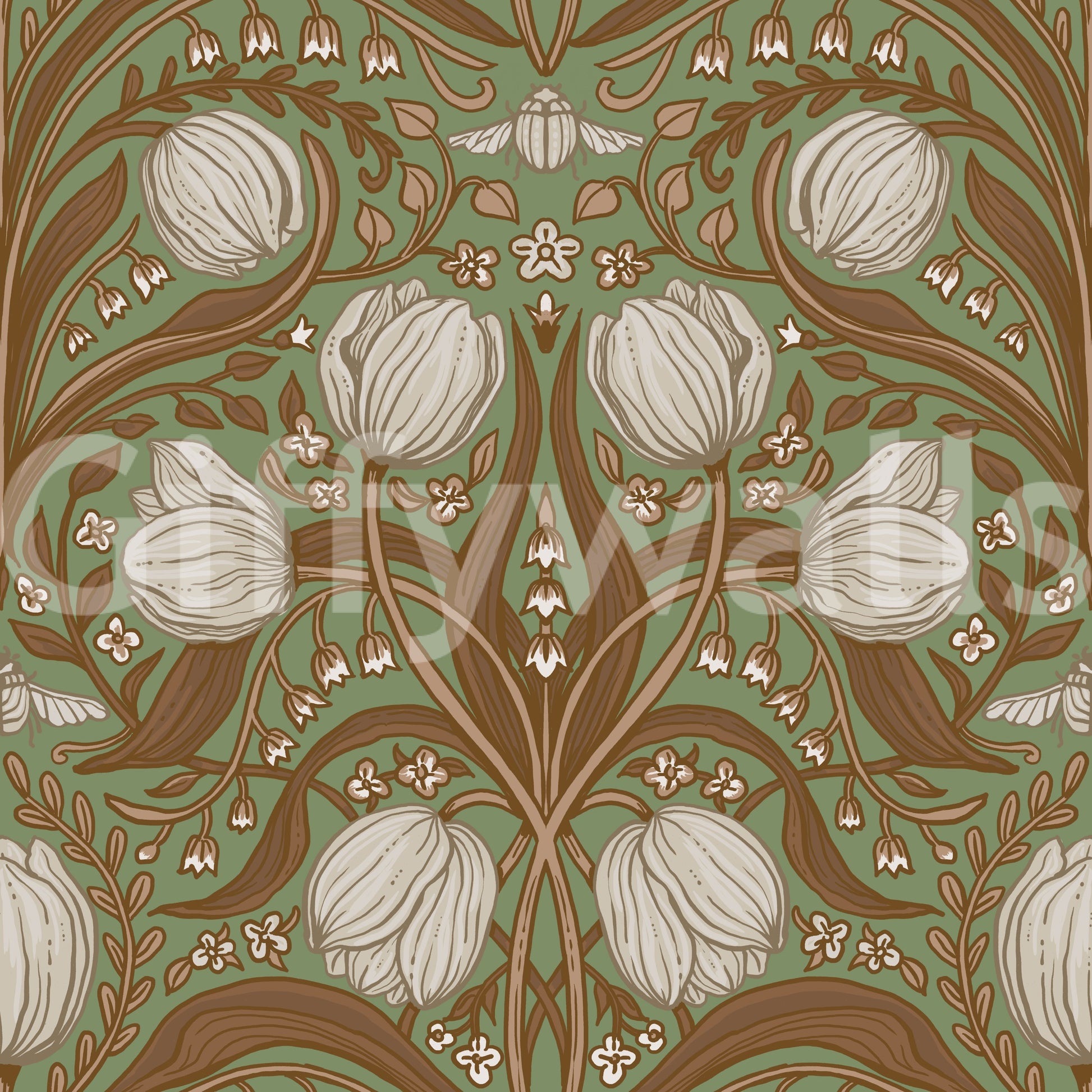 Retro Nouveau Tulips in Sage and Brown Wallpaper with vintage floral pattern