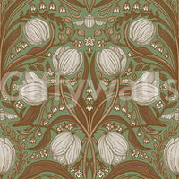 Retro Nouveau Tulips in Sage and Brown Wallpaper with vintage floral pattern