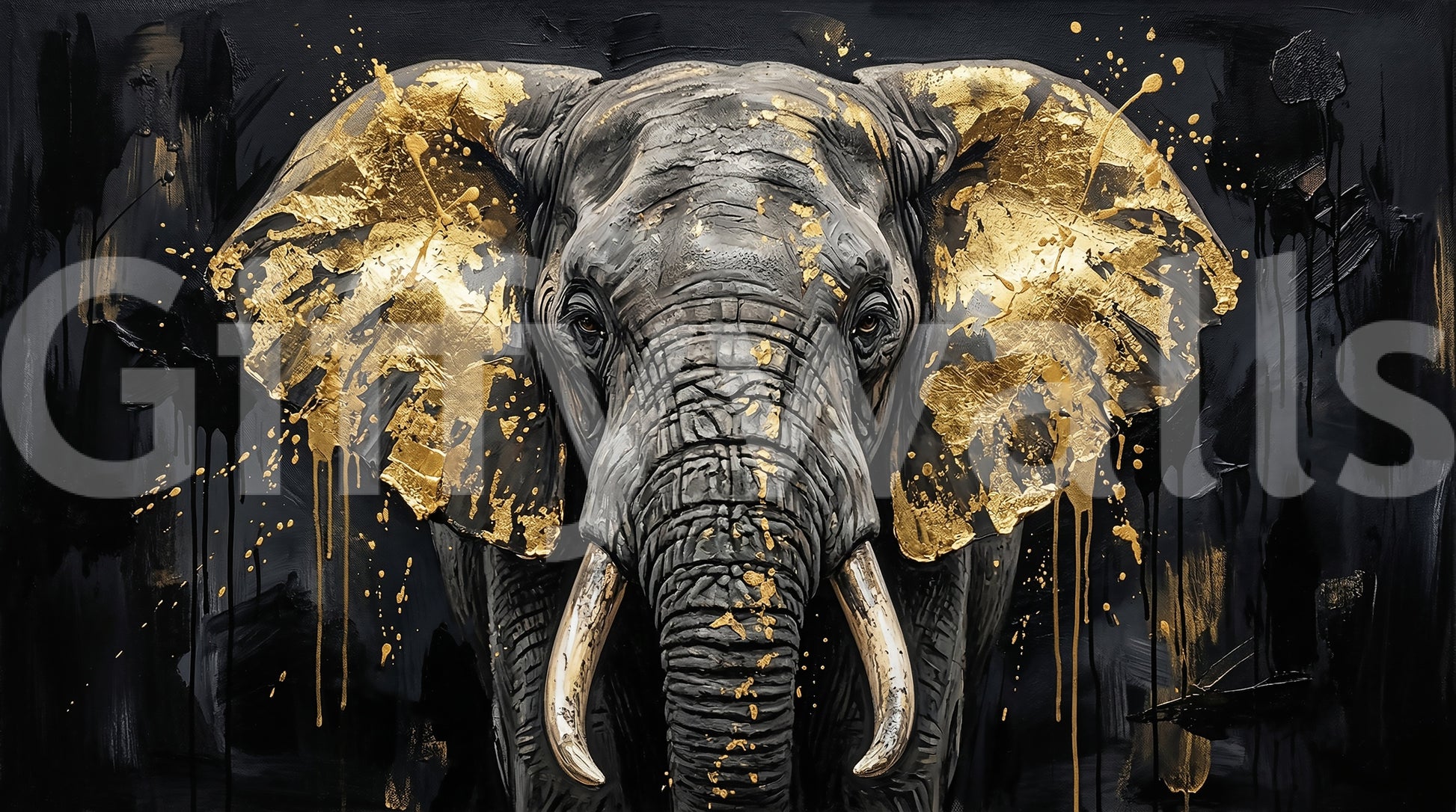 Golden Elephant wall mural with black backdrop and gold-flecked ears
