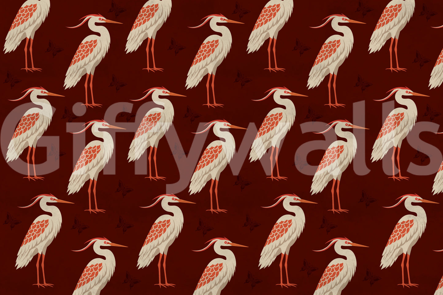 Burgundy heron wall mural with cream birds and subtle butterfly silhouettes