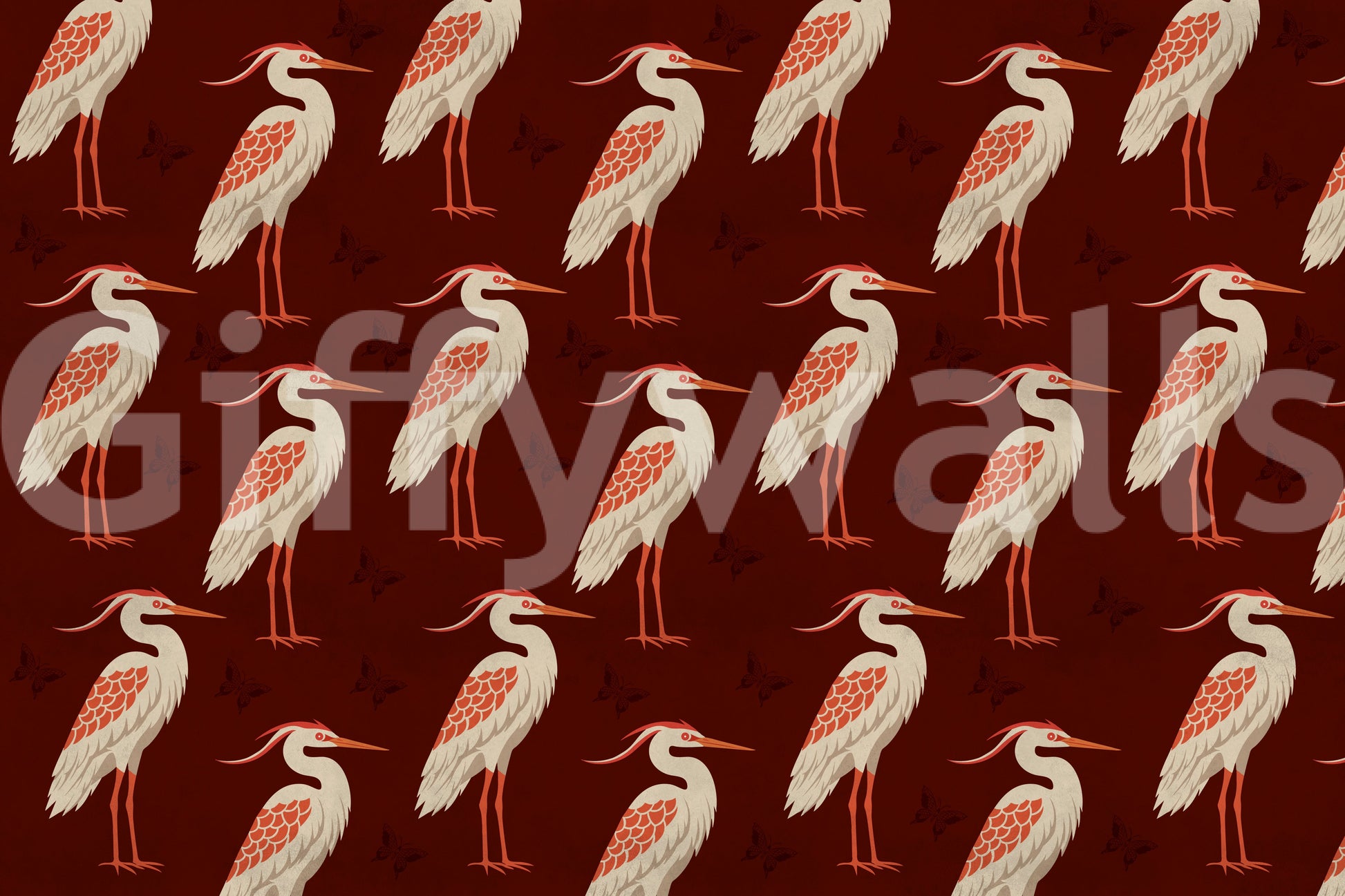 Burgundy heron wall mural with cream birds and subtle butterfly silhouettes