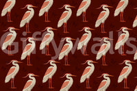 Burgundy heron wall mural with cream birds and subtle butterfly silhouettes