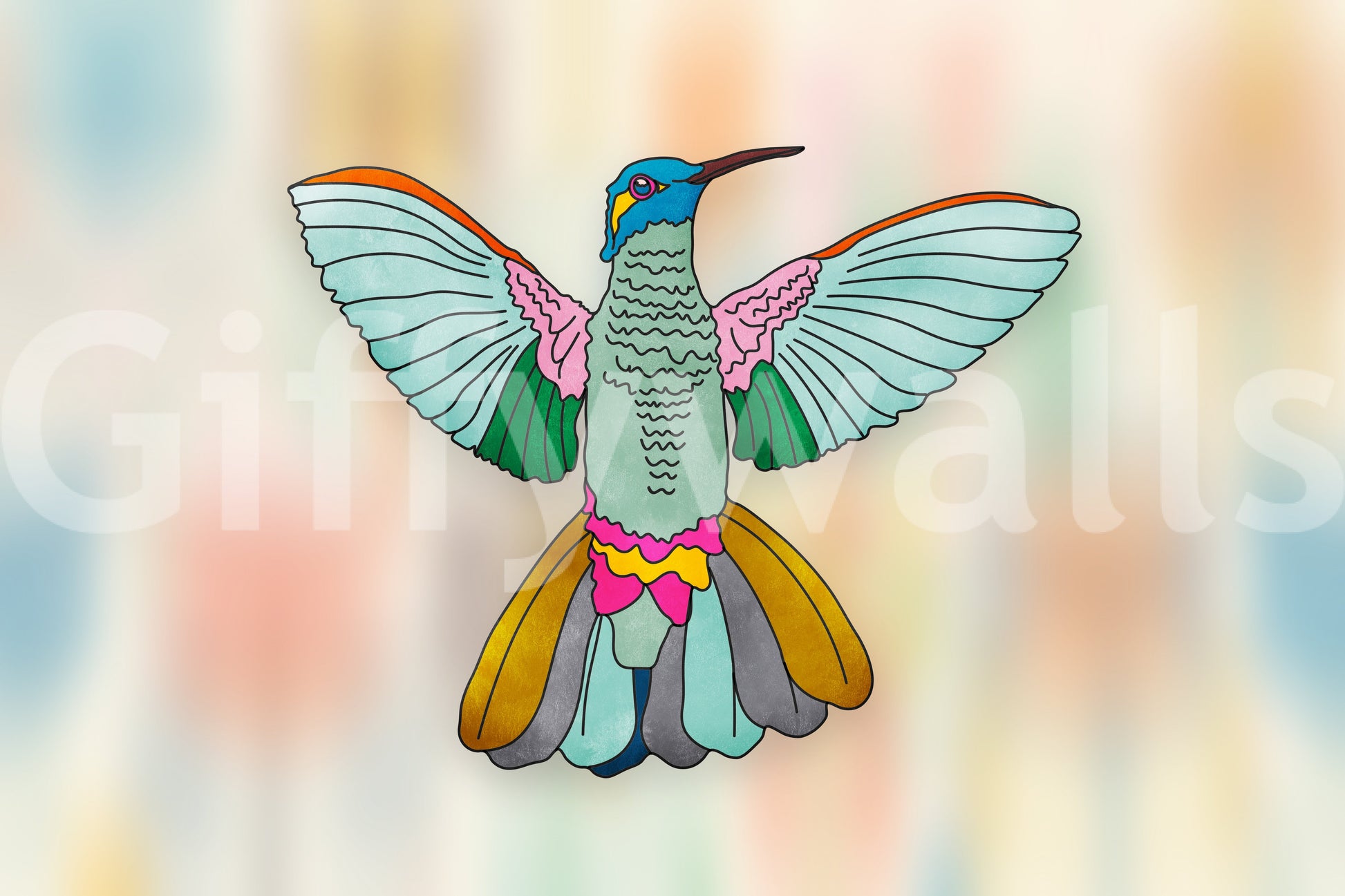 Rainbow hummingbird wall mural with open wings and soft pastel background