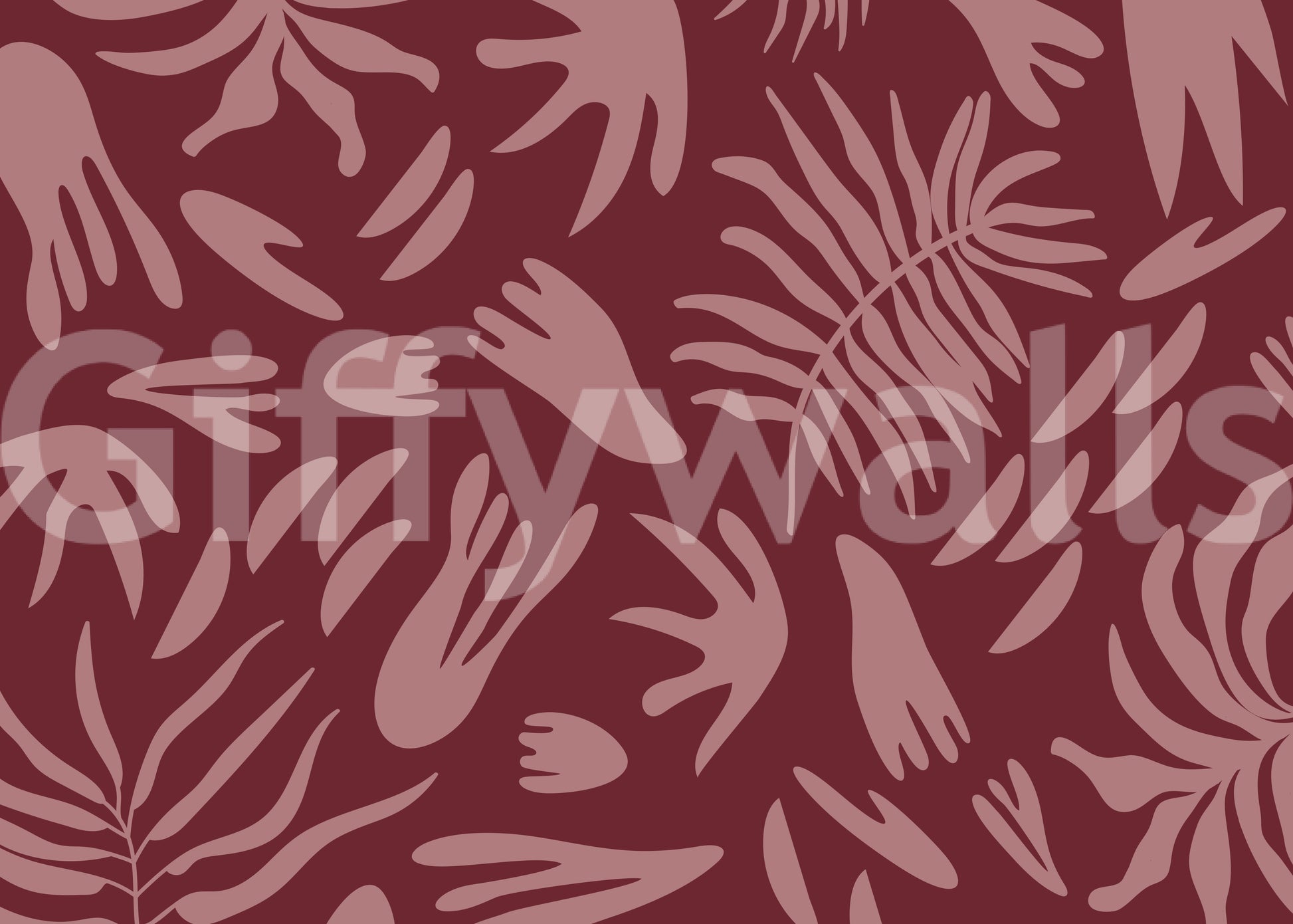 Maroon bloom wall mural with abstract foliage and smooth visual flow