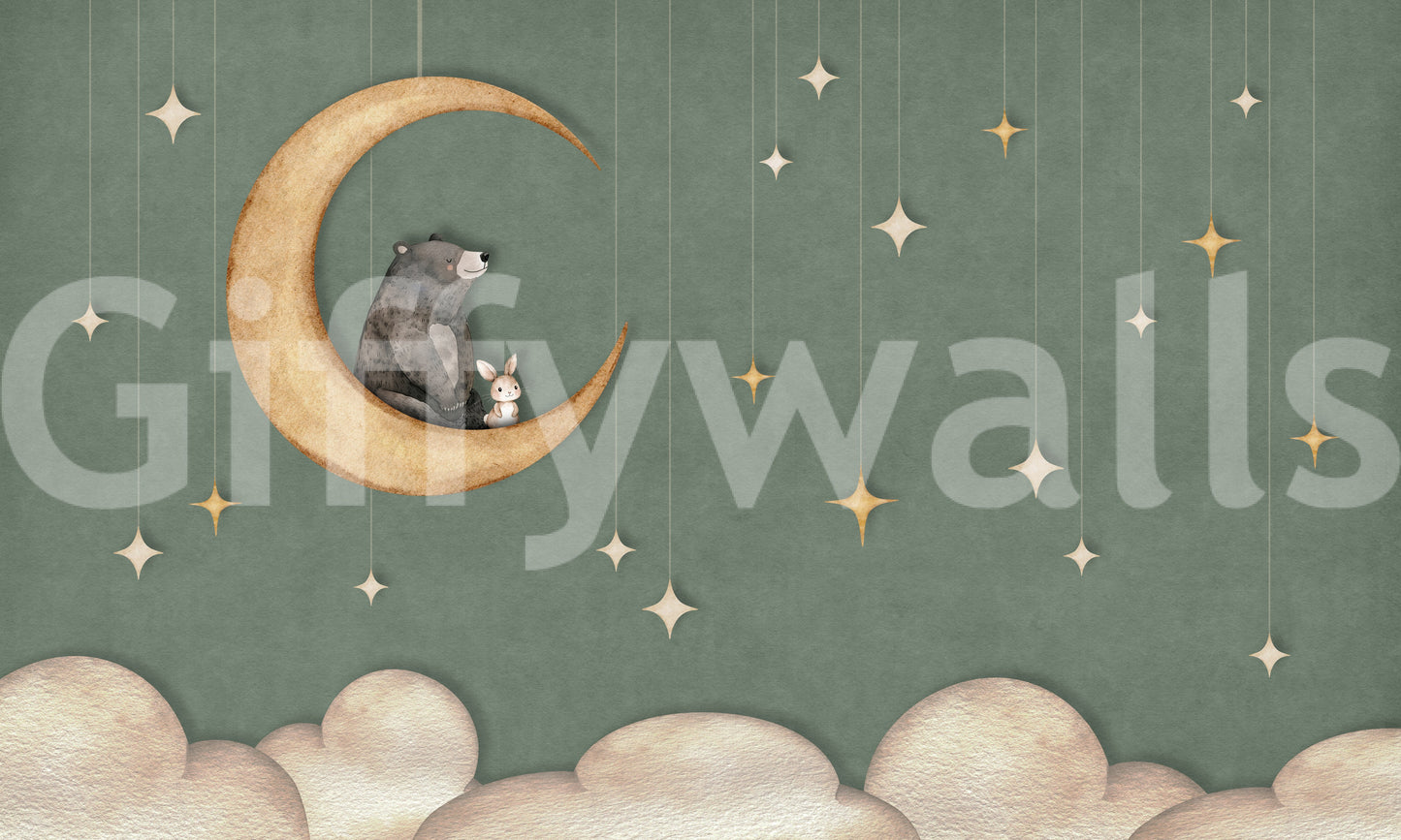 Green sky theme wall mural bear moon soft nursery illustration