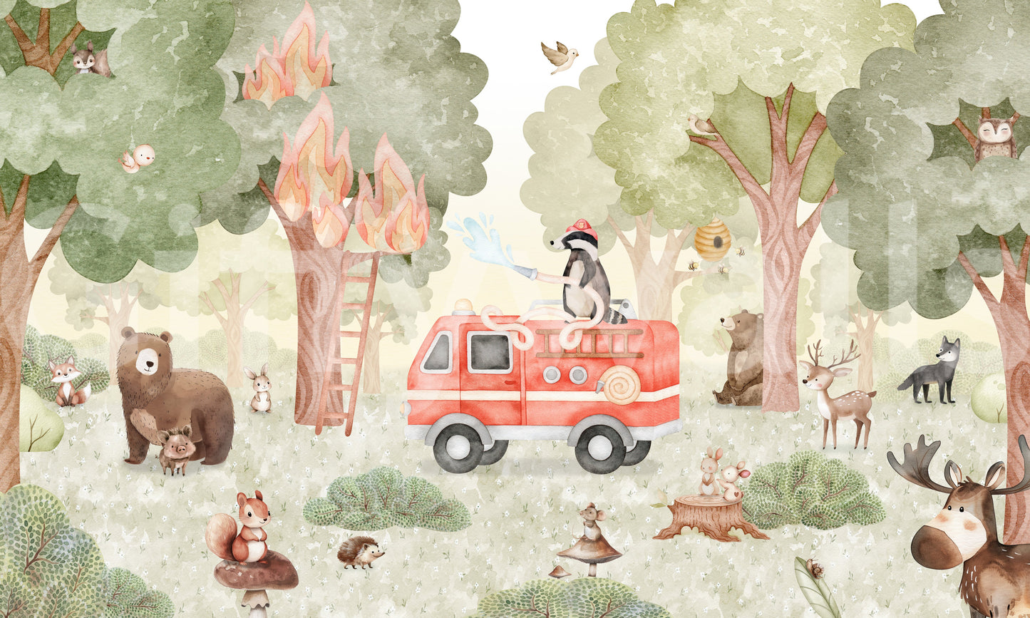Forest Fire Fighter wall mural with illustrated trees and wildlife details