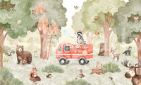 Forest Fire Fighter wall mural with illustrated trees and wildlife details