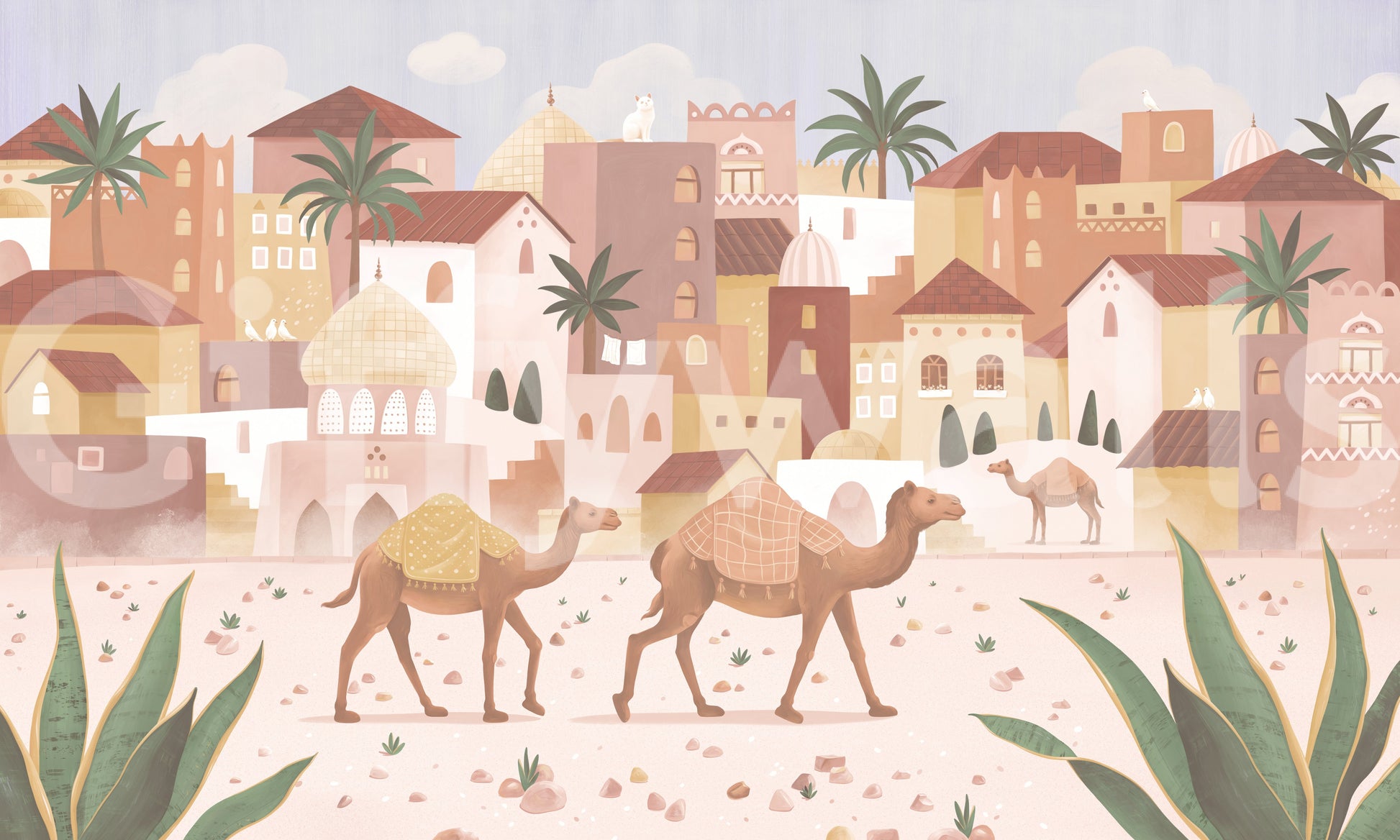 Nature desert wall mural with sand, plants, and calm outdoor scenery