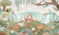 Floral fox wall mural with pastel mountains, branches, and storybook artwork