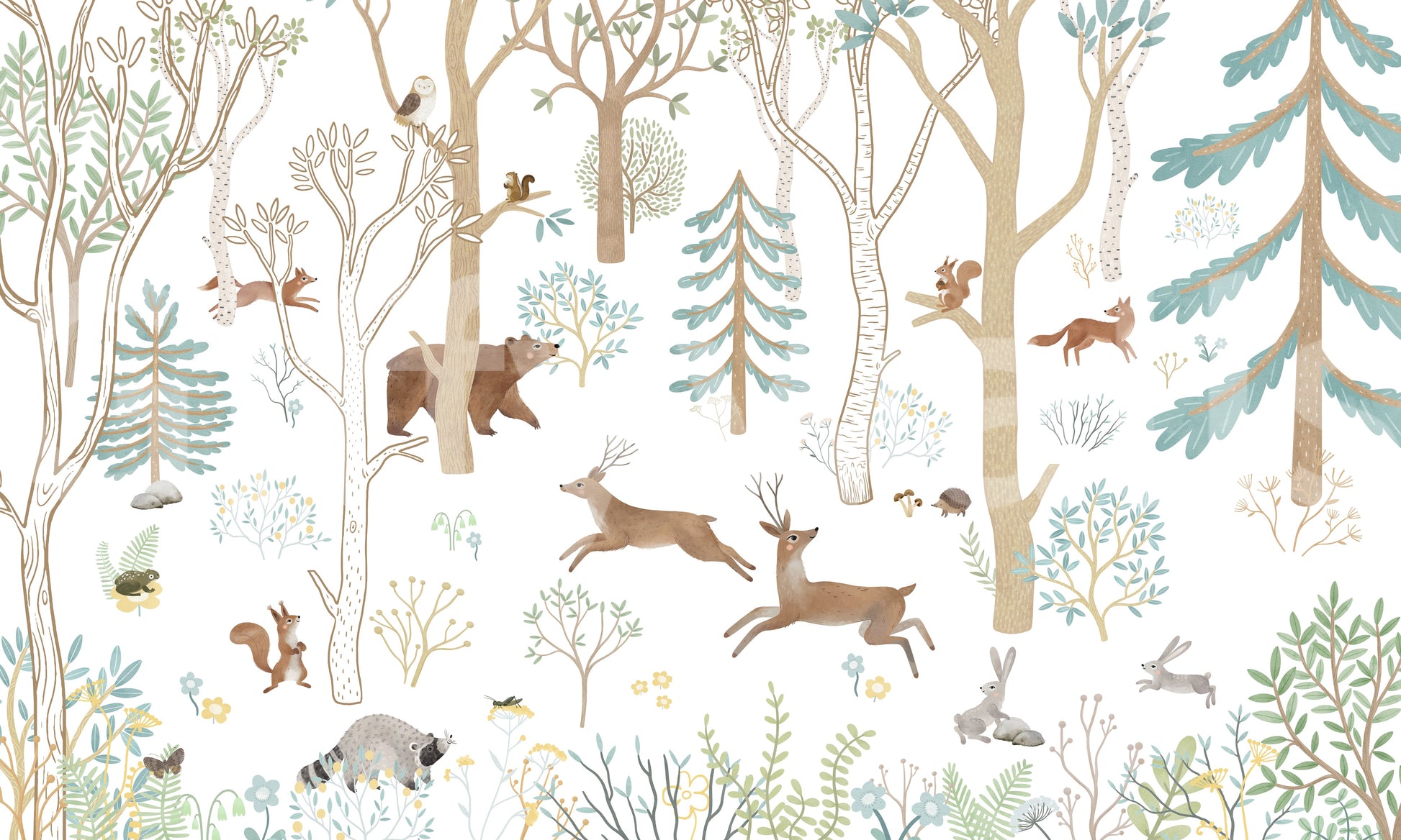 Frisky Forest Blue wall mural with illustrated forest scene and soft earthy tones
