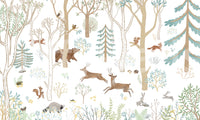 Frisky Forest Blue wall mural with illustrated forest scene and soft earthy tones